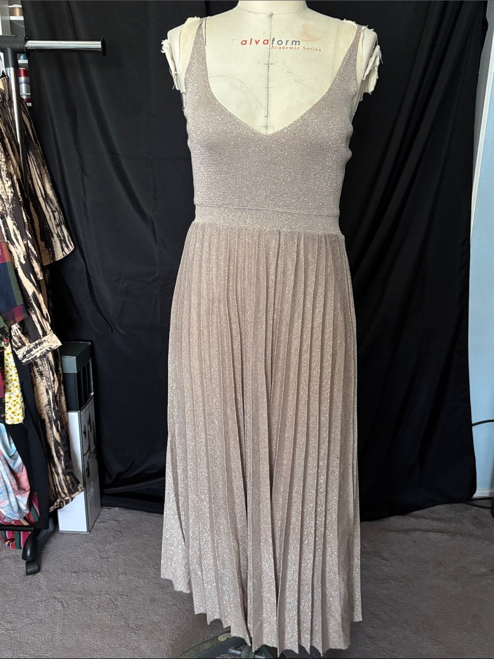Sparkle Pleated V-Neck Midi Dress in Champagne